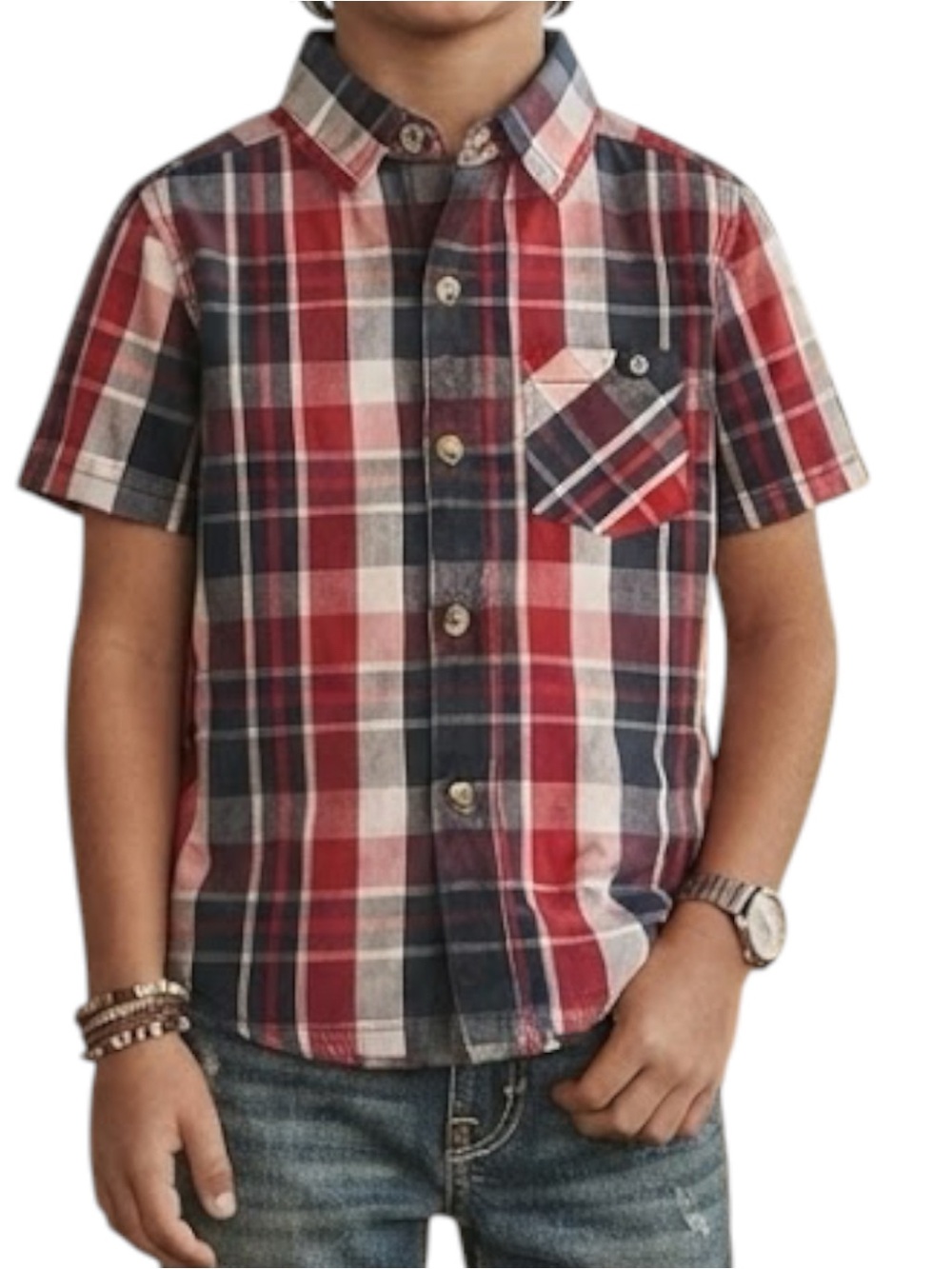 LUCKY BRAND Western Y2K Toddler Boy Red Plaid Check Cap Sleeve Button Down 18M